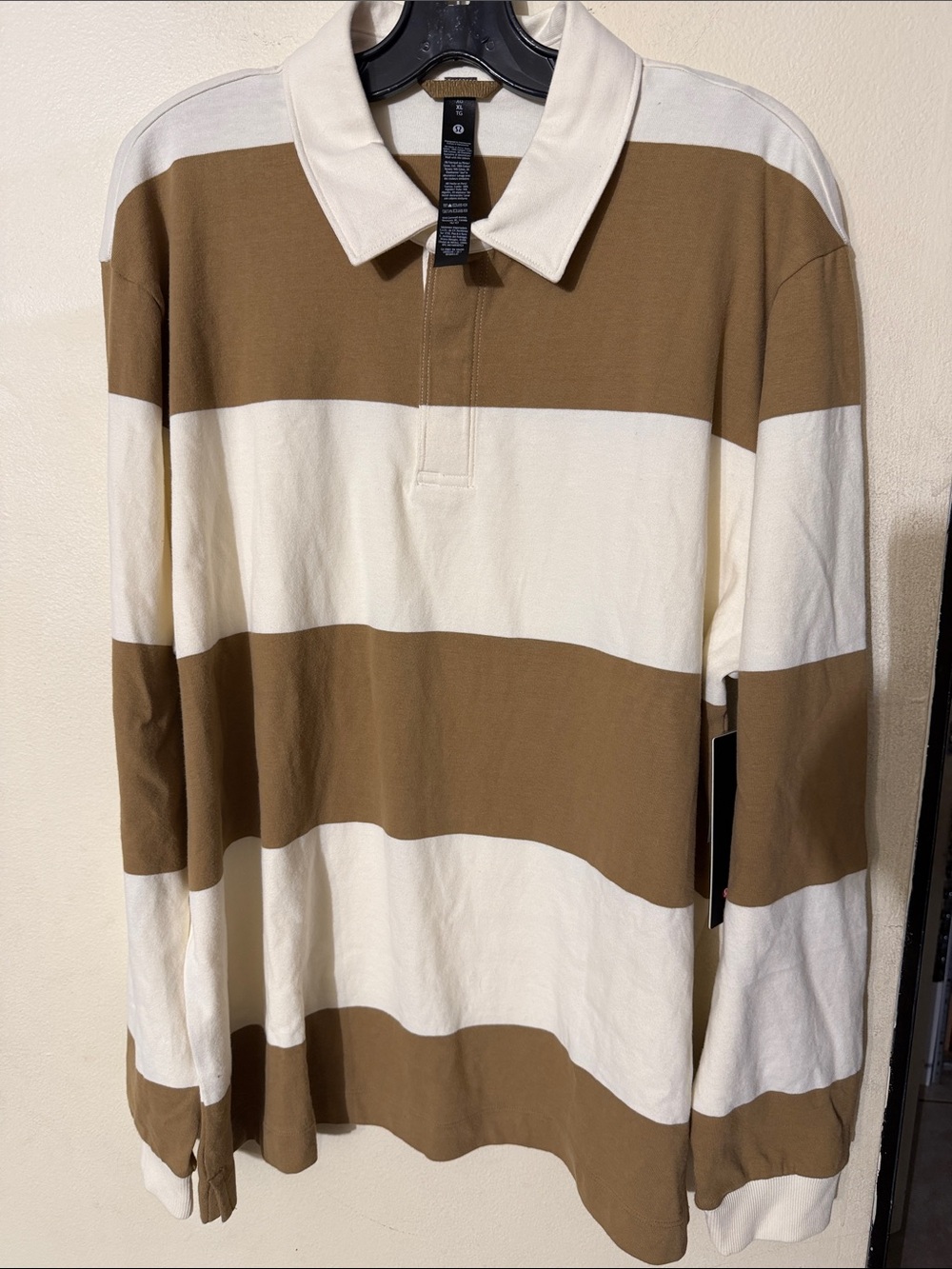 Lululemon-Long-Sleeve Cotton Rugby Shirt-Wide Stripe Camel Brown Coconut Ivory - Picture 6 of 9